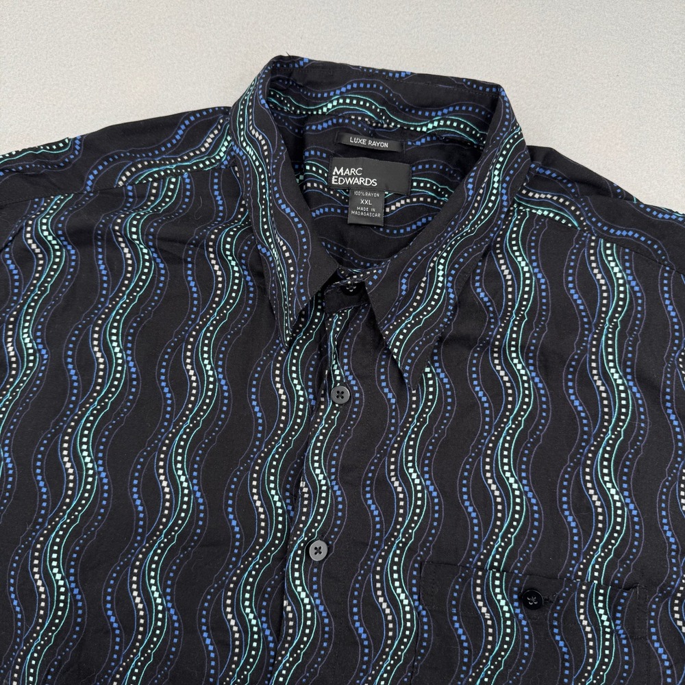 Y2K Marc Edwards Mens XXL Black/Teal Wavy Dotted Rayon Button Down Shirt Retro